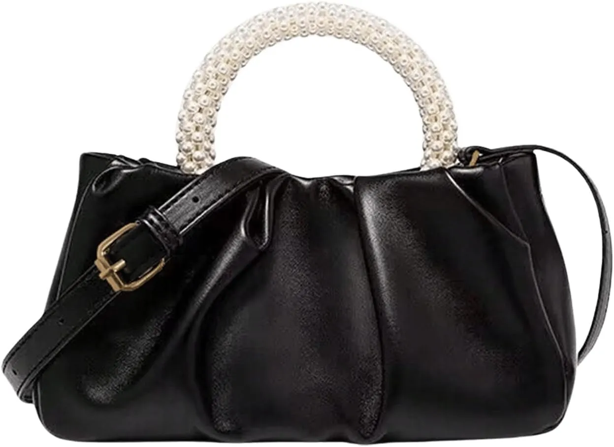GORGLITTER Women's Evening Bag Pearl Purses Leather Ruched Handbags Wedding Bridal Clutch Party Prom Crossbody Purses