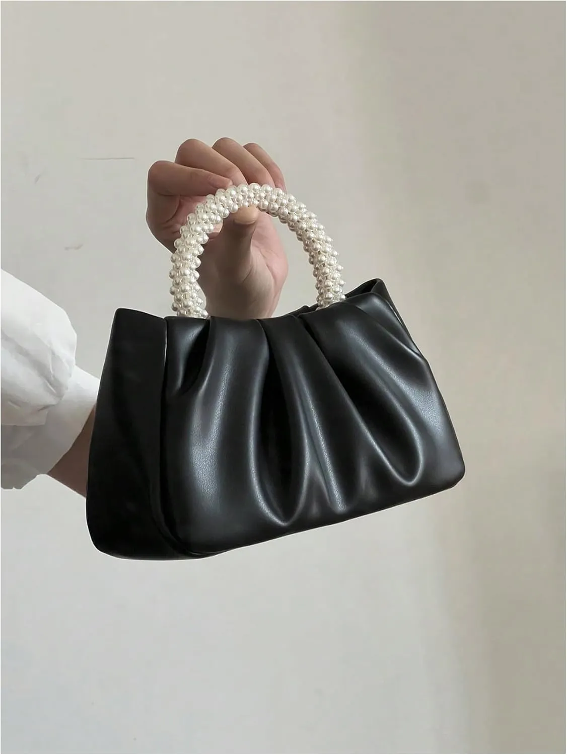 GORGLITTER Women's Evening Bag Pearl Purses Leather Ruched Handbags Wedding Bridal Clutch Party Prom Crossbody Purses