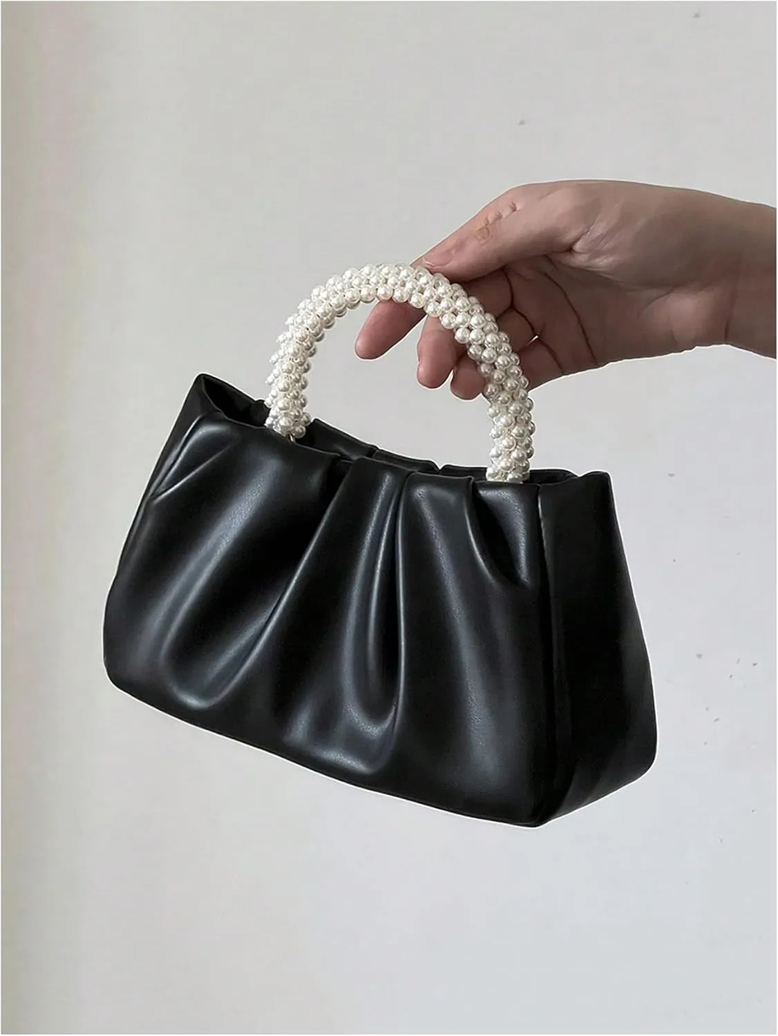 GORGLITTER Women's Evening Bag Pearl Purses Leather Ruched Handbags Wedding Bridal Clutch Party Prom Crossbody Purses