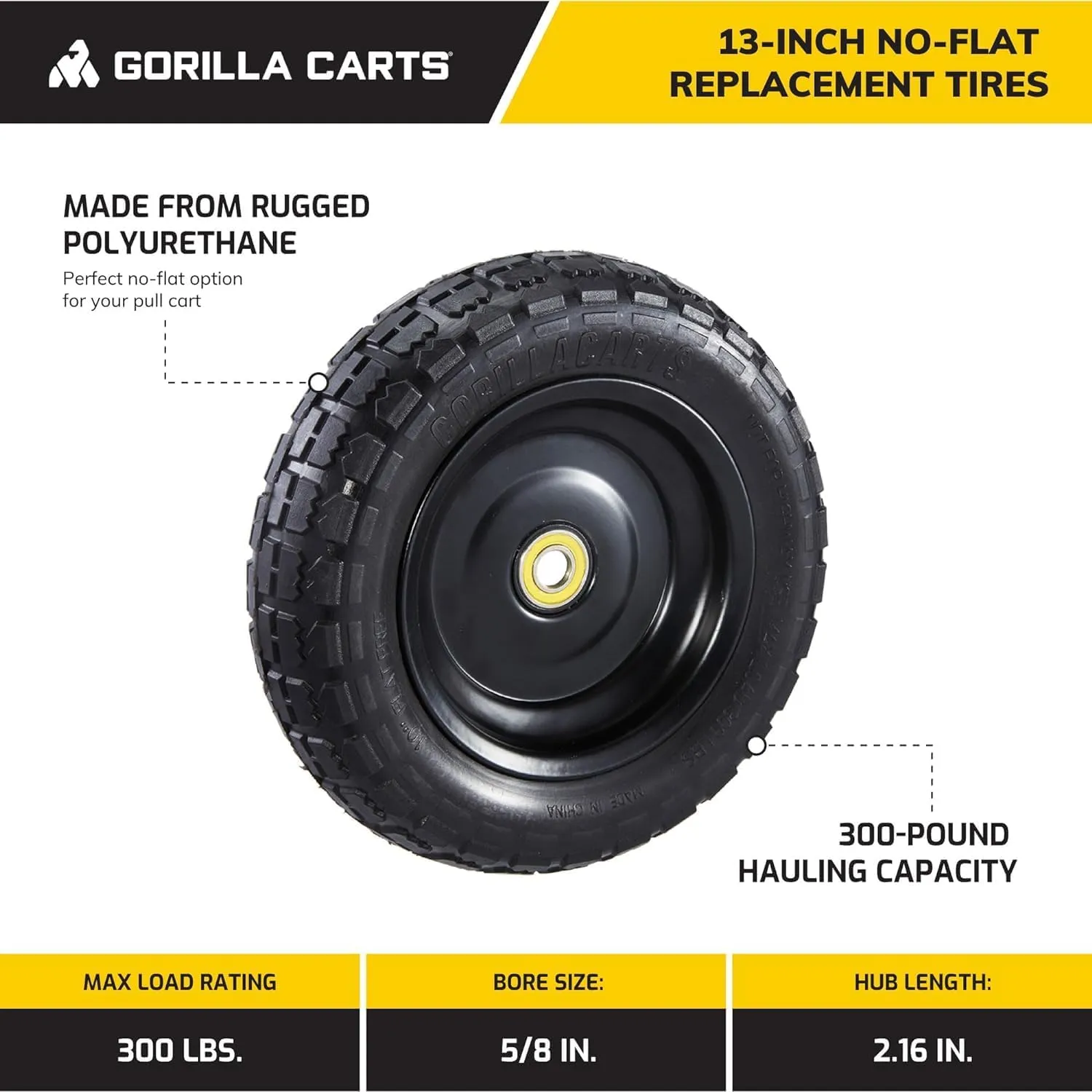 Gorilla Carts 13 Inch No-Flat Replacement Wheels, Heavy Duty Solid Tires, for Utility Garden Cart, Wheelbarrow, Dolly & Wagon, Black, Set of 4