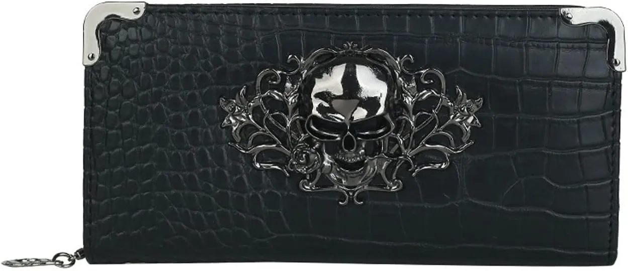 Goth Wallet Skull Clutch Bag PU Leather Gothic Purse (Black-1)