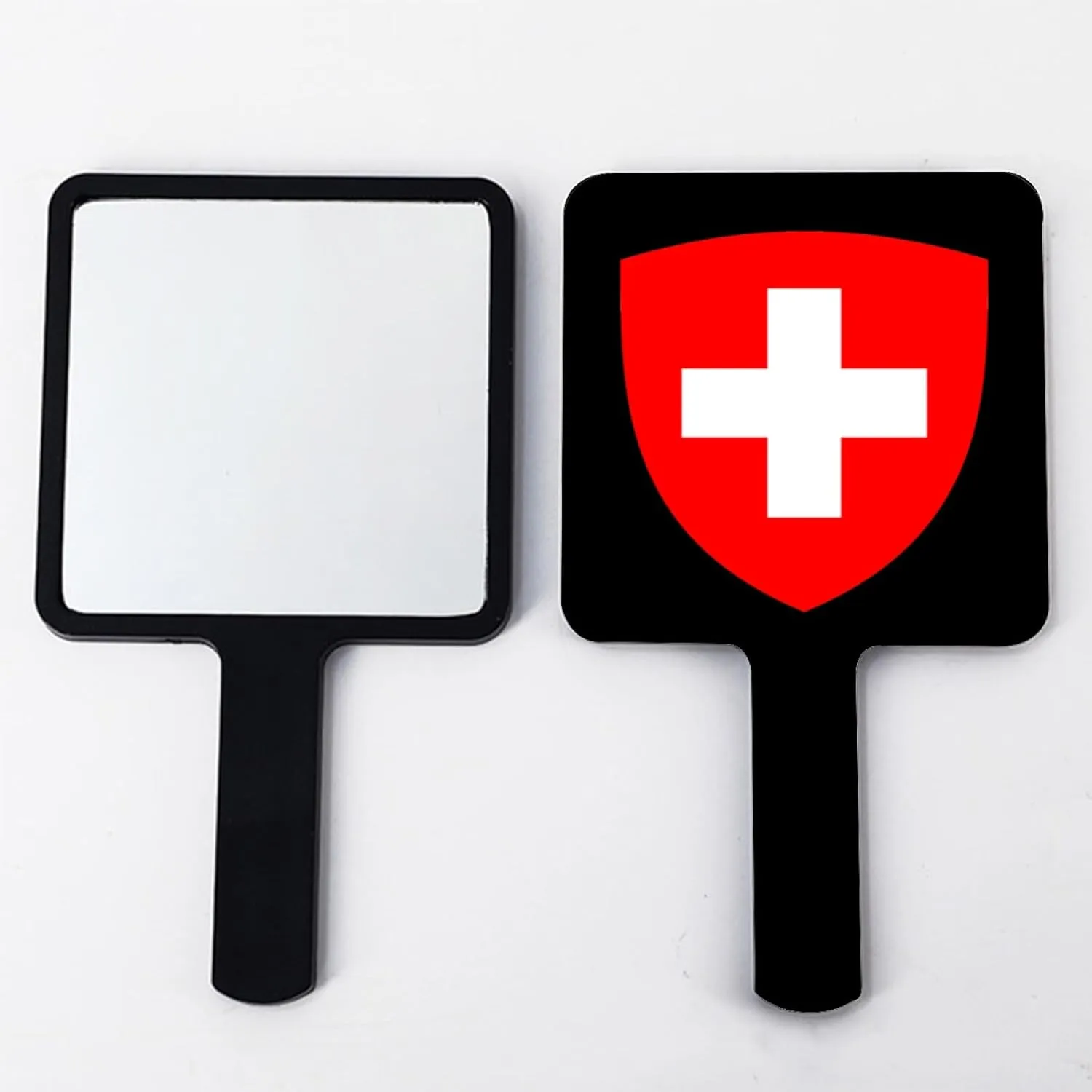 GOYMFKM Hand Held Mirror with Handle for Makeup, Novelty Switzerland National Emblems Flag Hand Mirror for Travel Handheld Vanity Mirror for Women Girls Black 12×22Cm