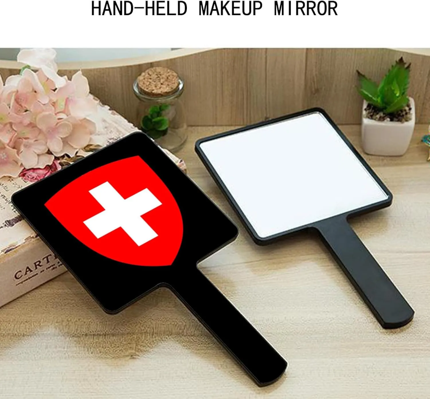 GOYMFKM Hand Held Mirror with Handle for Makeup, Novelty Switzerland National Emblems Flag Hand Mirror for Travel Handheld Vanity Mirror for Women Girls Black 12×22Cm
