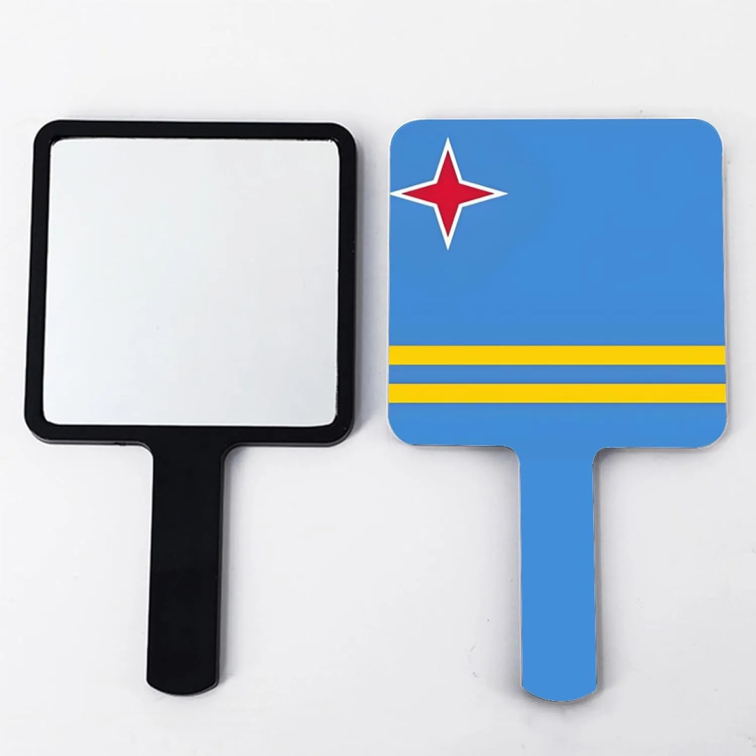GOYMFKM Novelty Aruba Flag Handheld Plain Mirror with Handle, Square Beauty Vanity Handheld Makeup Mirrors Travel Portable Salon Mirror for Makeup Black 9×16Cm