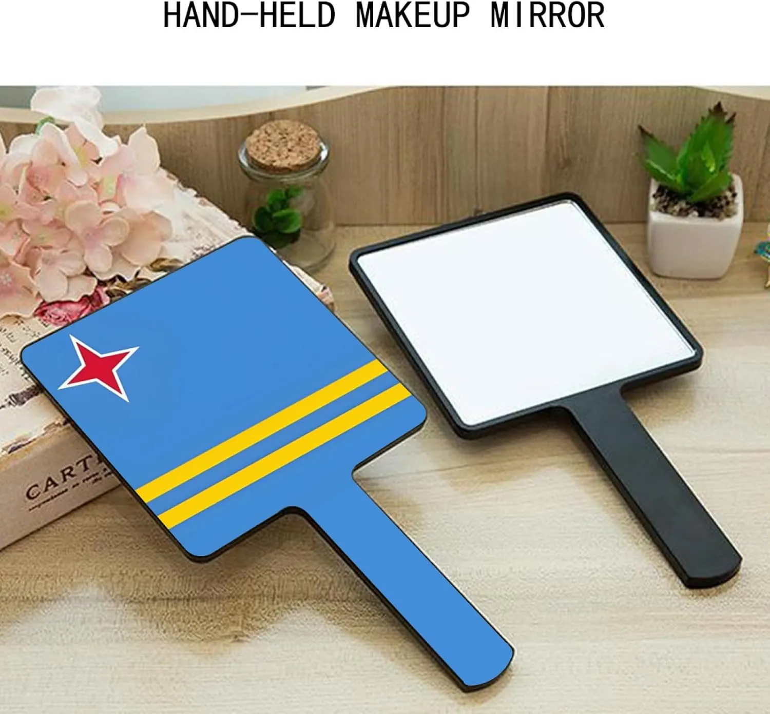 GOYMFKM Novelty Aruba Flag Handheld Plain Mirror with Handle, Square Beauty Vanity Handheld Makeup Mirrors Travel Portable Salon Mirror for Makeup Black 9×16Cm