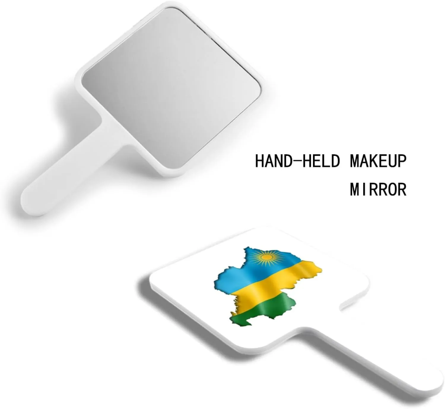 GOYMFKM Novelty Republic of Rwanda Map National Flag Hand Mirror - Hairdressers Mirror for Barbers & Salon - Makeup Handheld Mirror with Handle for Travel White 12×22Cm