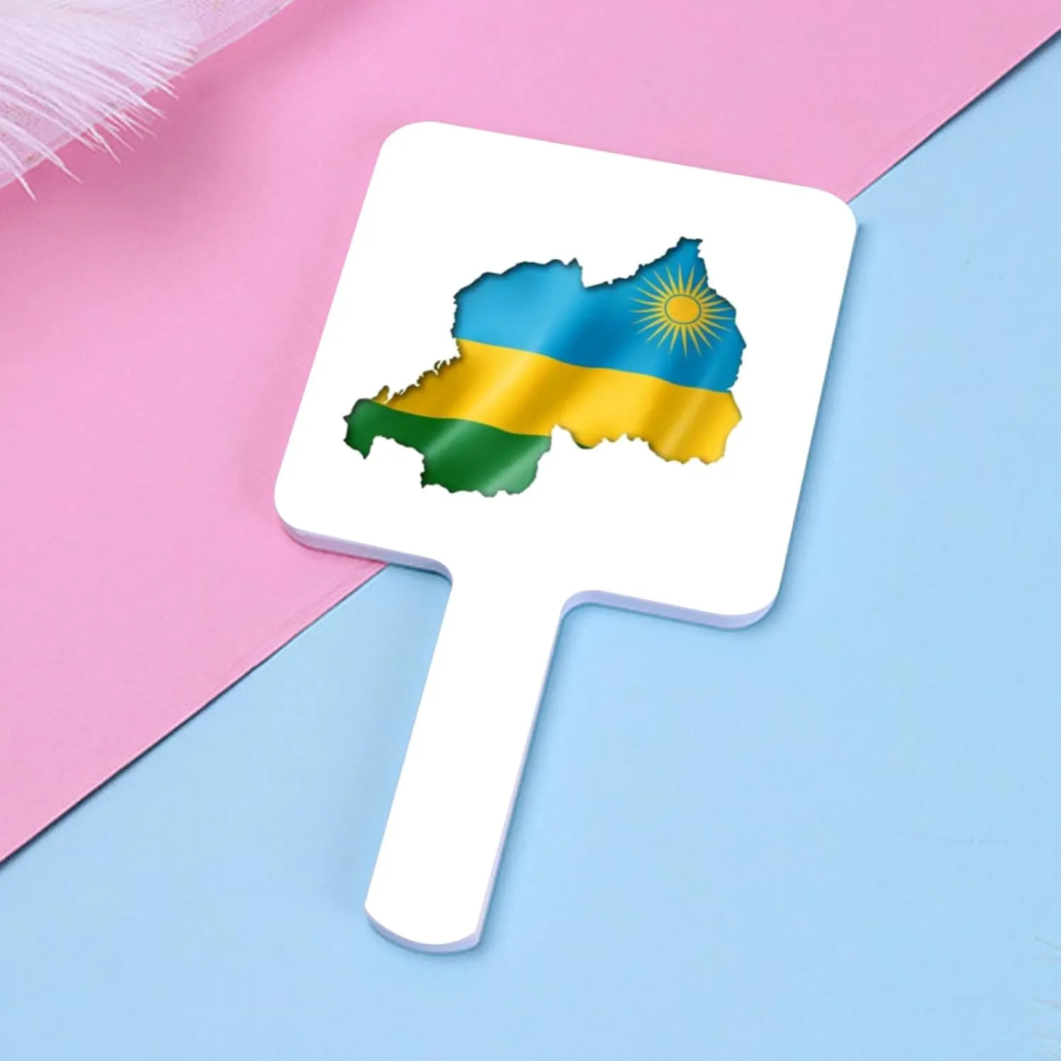 GOYMFKM Novelty Republic of Rwanda Map National Flag Hand Mirror - Hairdressers Mirror for Barbers & Salon - Makeup Handheld Mirror with Handle for Travel White 12×22Cm
