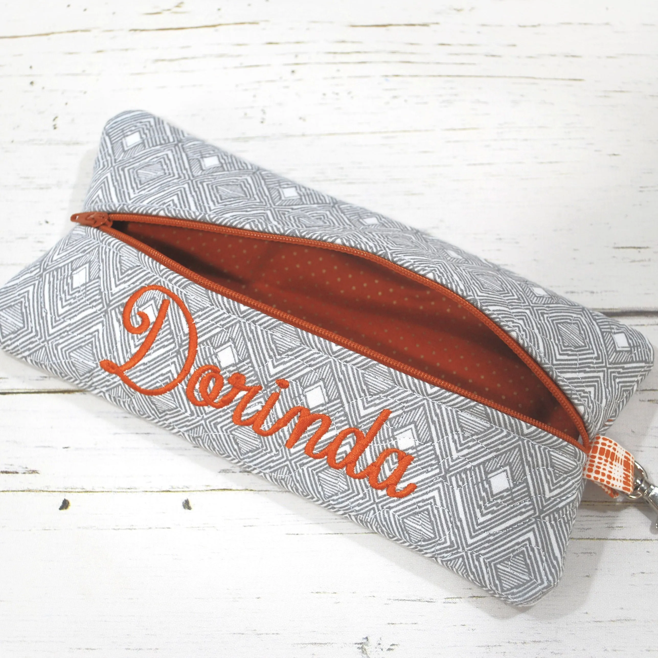 Gray Geometric Personalized Quilted Pouch
