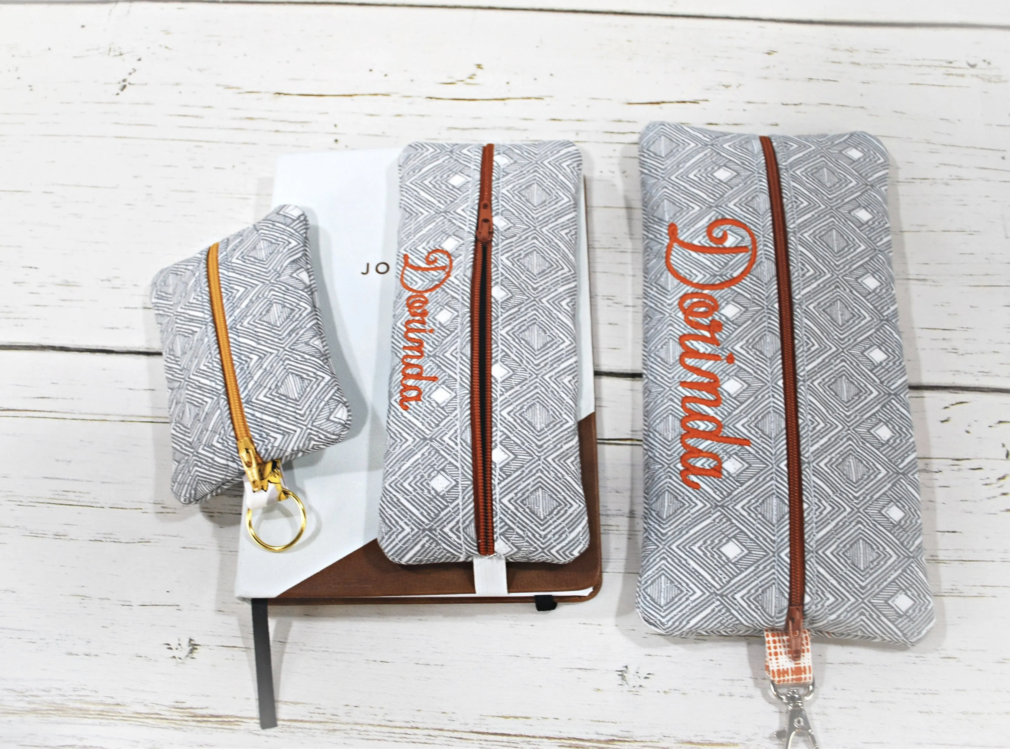 Gray Geometric Personalized Quilted Pouch
