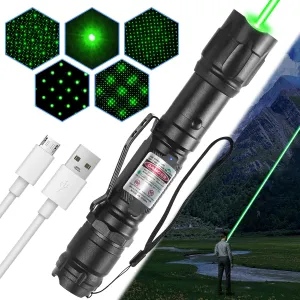 Green Light Handheld Flashlight Rechargeable, Long Range Adjustable Focus Tactical Beam for Outdoor Journeys, Camping, Presentations, TV/LED/LCD Screens, and Stargazing