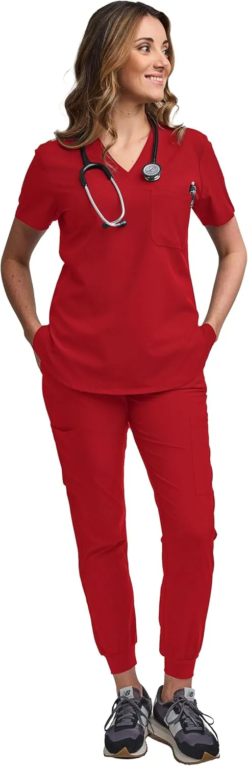Green Town Scrubs for Women Scrub Set - Jogger Pant and Tuck-in V-Neck Top, 5 Pockets, Yoga Waistband, Nursing Uniform
