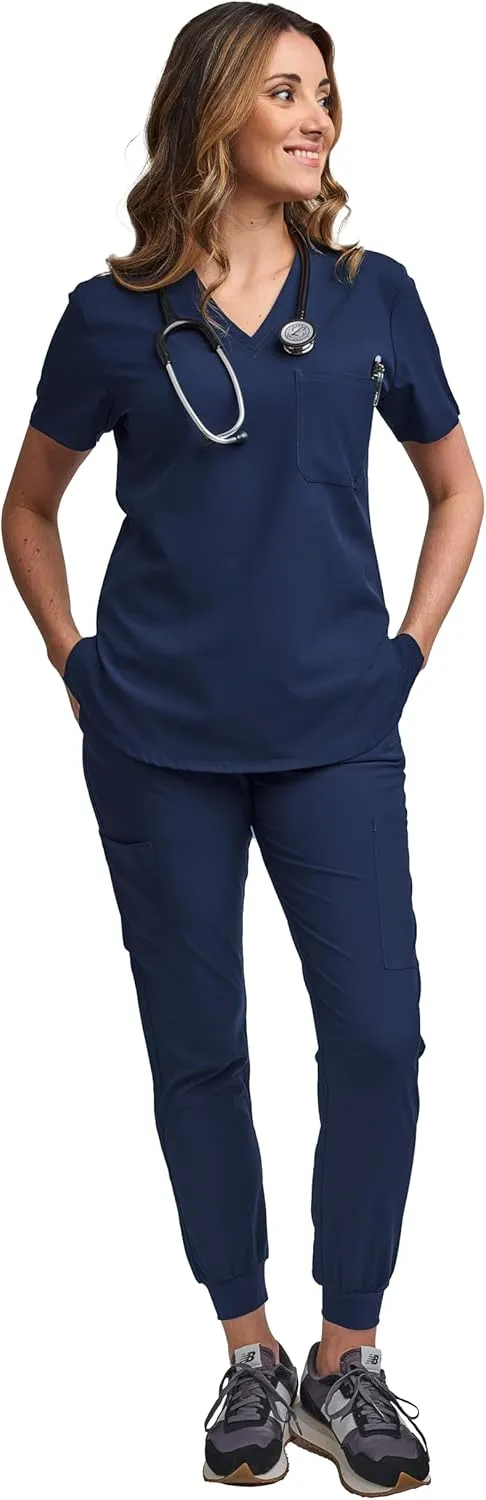 Green Town Scrubs for Women Scrub Set - Jogger Pant and Tuck-in V-Neck Top, 5 Pockets, Yoga Waistband, Nursing Uniform