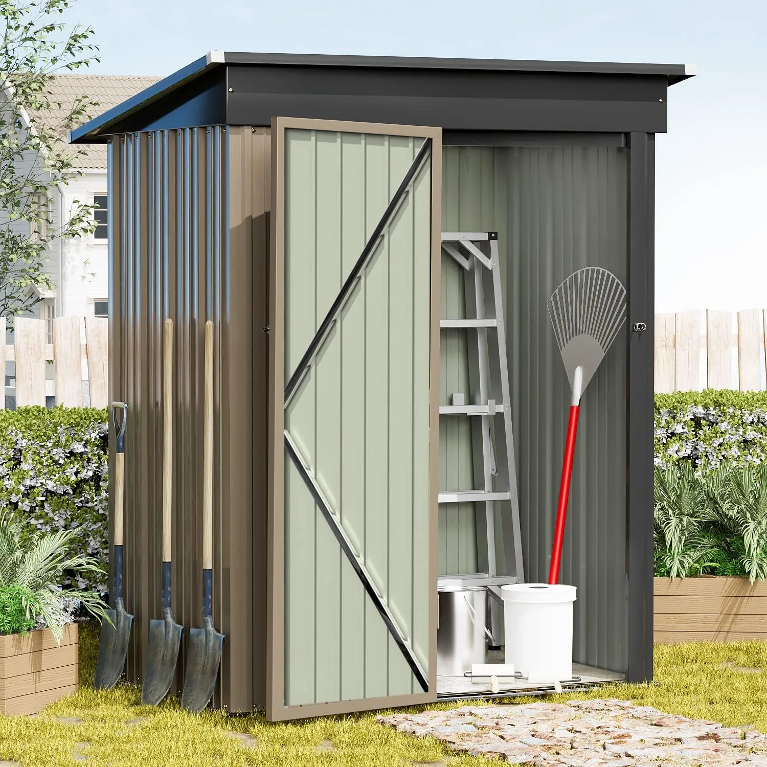 Greesum Metal Outdoor Storage Shed 5FT x 3FT, Steel Utility Tool Shed Storage House with Door & Lock, for Backyard Garden Patio Lawn (5' x 3'), Brown
