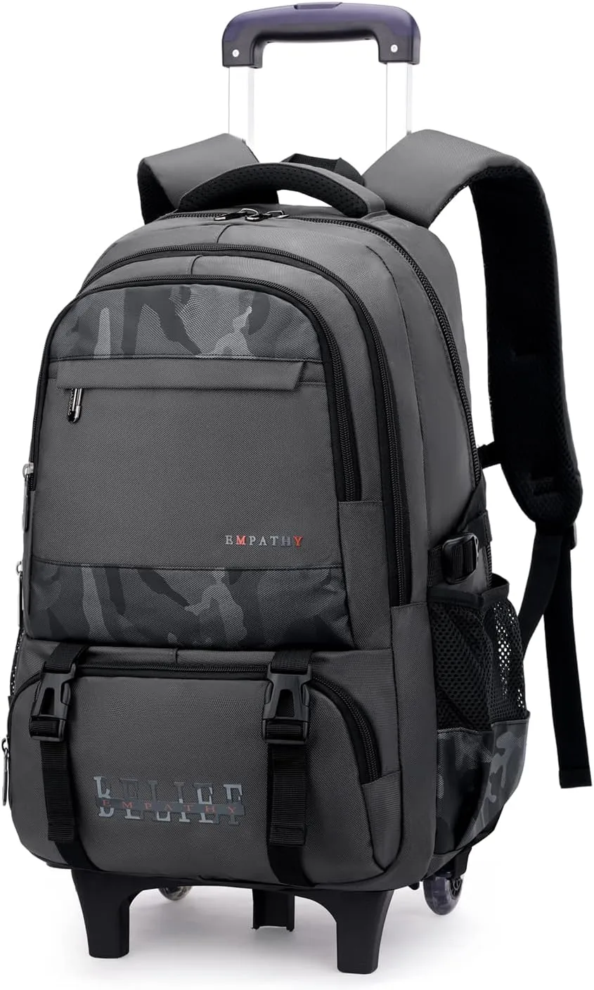 Grey Rolling Backpack for Boys,Backpack with Wheels Boys Roller Trolley Bookbag Kids Wheeled School Back Pack