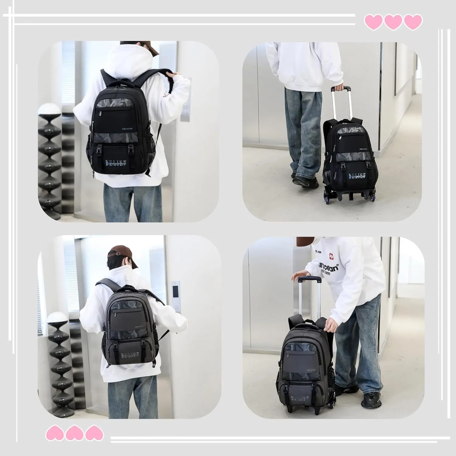 Grey Rolling Backpack for Boys,Backpack with Wheels Boys Roller Trolley Bookbag Kids Wheeled School Back Pack