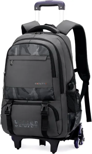 Grey Rolling Backpack for Boys,Backpack with Wheels Boys Roller Trolley Bookbag Kids Wheeled School Back Pack