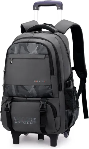 Grey Rolling Backpack for Boys,Backpack with Wheels Boys Roller Trolley Bookbag Kids Wheeled School Back Pack