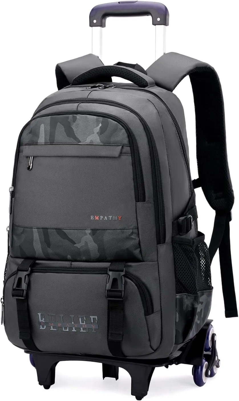 Grey Rolling Backpack for Boys,Backpack with Wheels Boys Roller Trolley Bookbag Kids Wheeled School Back Pack