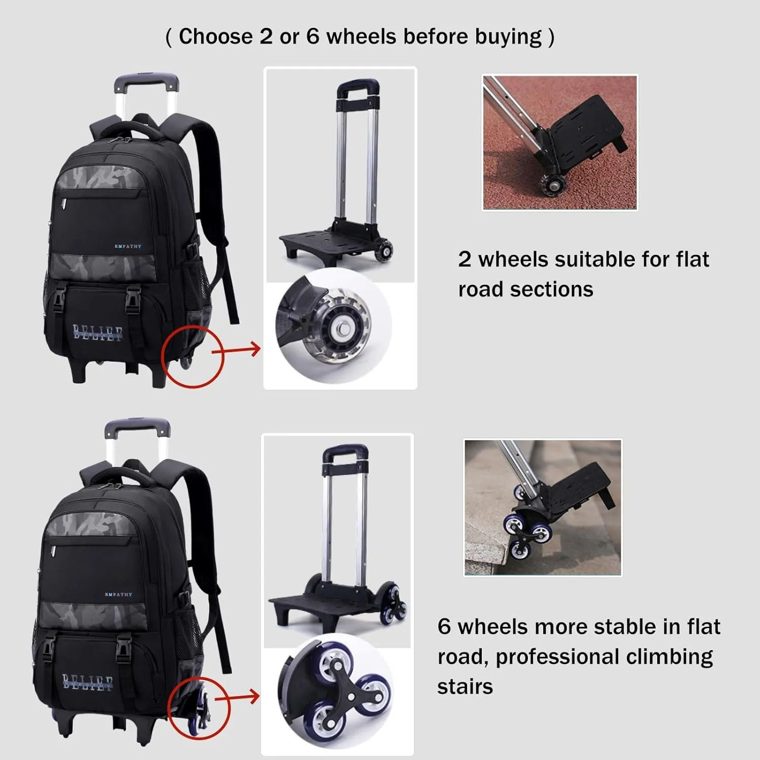 Grey Rolling Backpack for Boys,Backpack with Wheels Boys Roller Trolley Bookbag Kids Wheeled School Back Pack