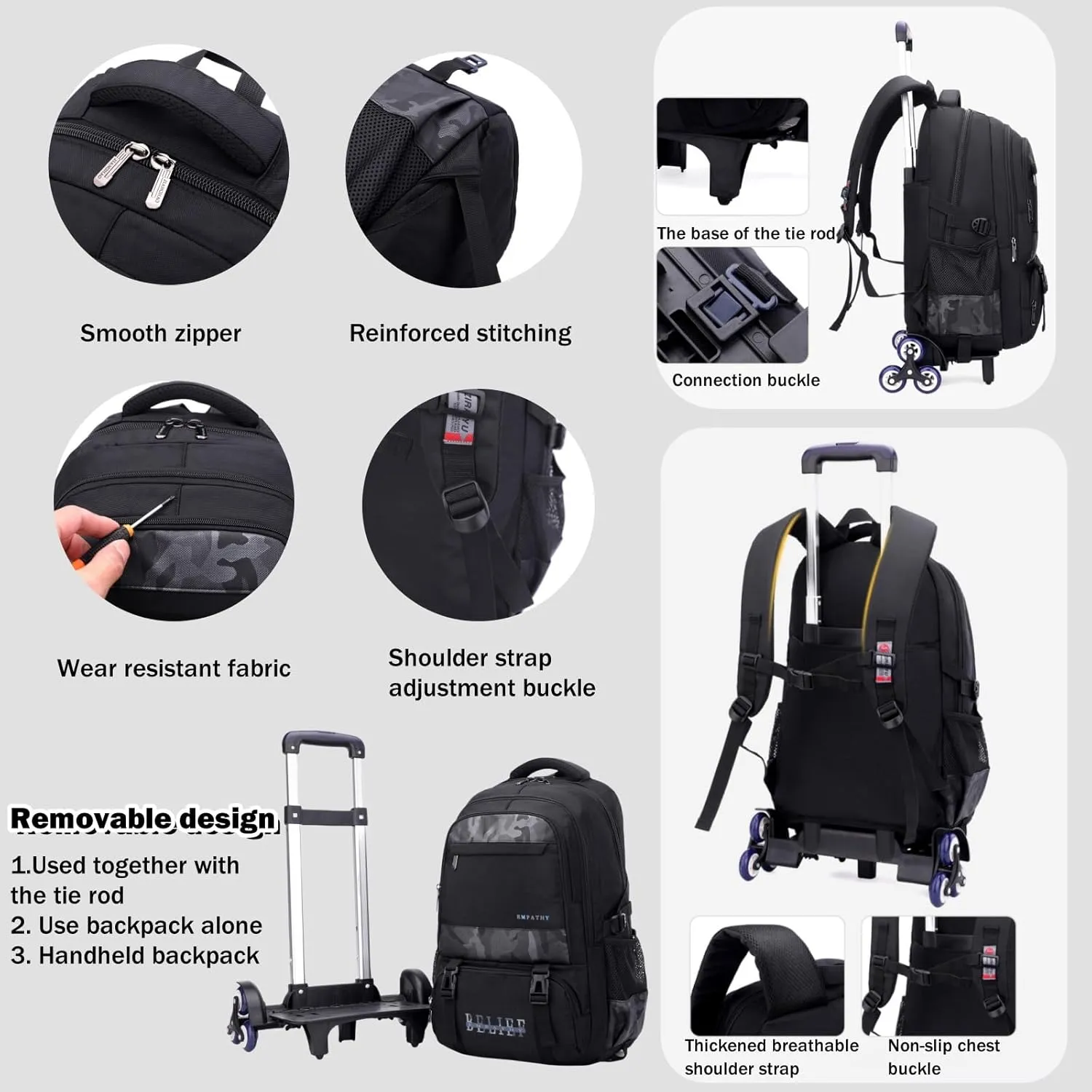 Grey Rolling Backpack for Boys,Backpack with Wheels Boys Roller Trolley Bookbag Kids Wheeled School Back Pack