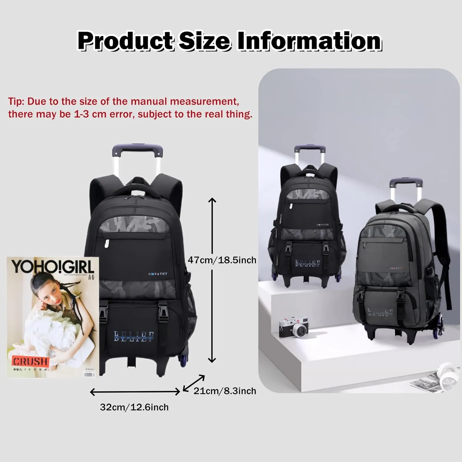 Grey Rolling Backpack for Boys,Backpack with Wheels Boys Roller Trolley Bookbag Kids Wheeled School Back Pack