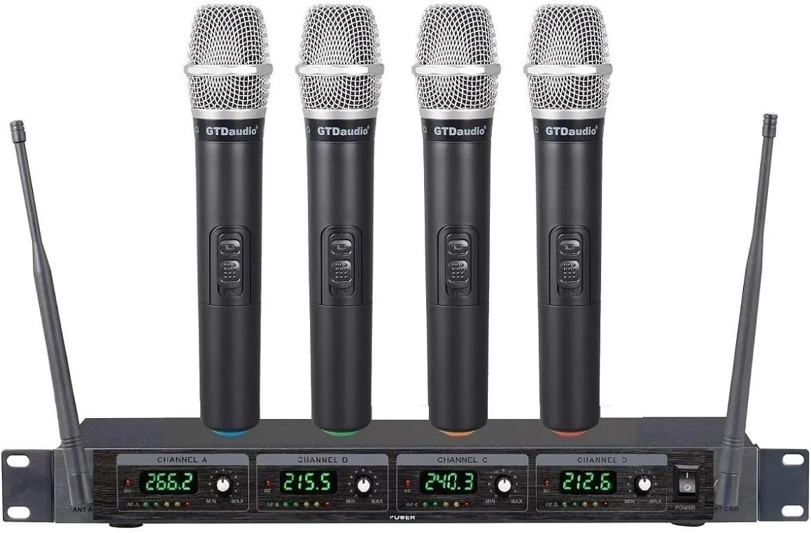 GTD Audio 4 Handheld Wireless Microphone Cordless mics System, Ideal for Church, Karaoke, Dj Party, Range up to 300 ft,