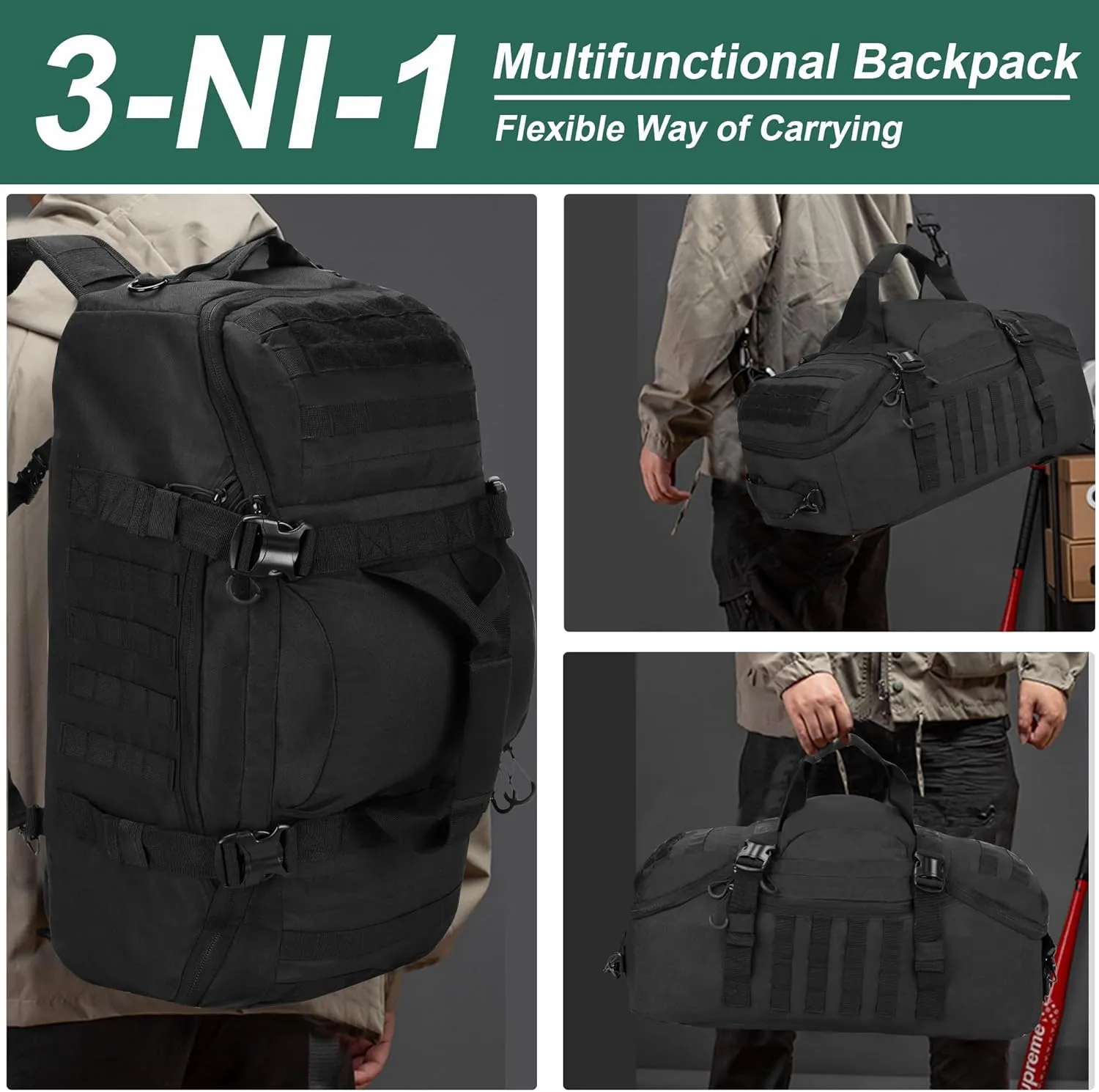 Gym Bag Duffle Bags Backpack Travel Duffel Bag with Weekend Overnight Bag for Outdoor,Tactical,Sports,Travel,Camping,Hunting (Black, 24in-Medium)