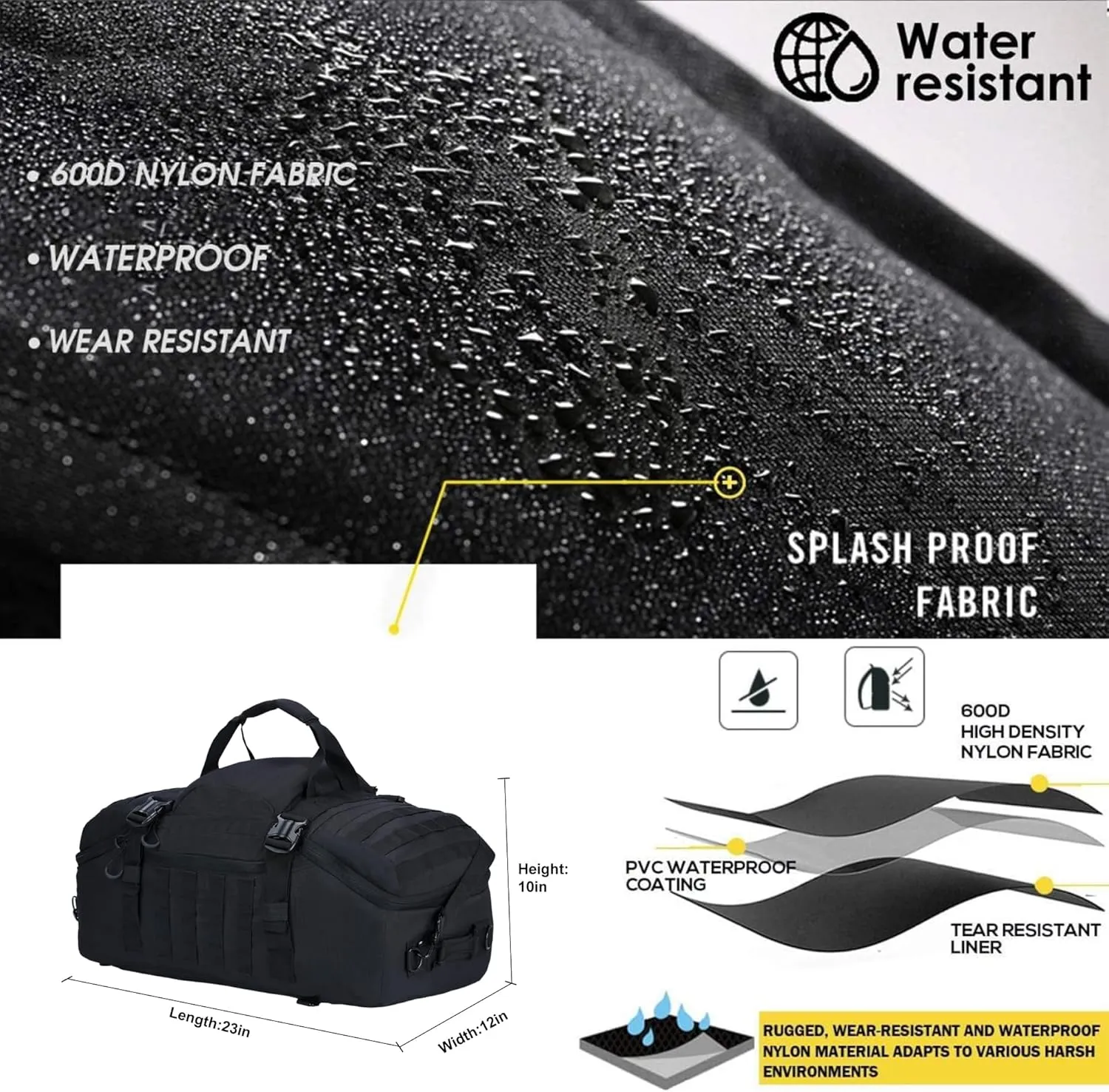 Gym Bag Duffle Bags Backpack Travel Duffel Bag with Weekend Overnight Bag for Outdoor,Tactical,Sports,Travel,Camping,Hunting (Black, 24in-Medium)