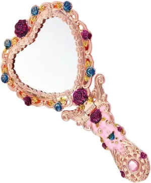 Hand Held Mirror Handle Portable Vintage Heart Shaped Makeup Mirror Decorative for Women Girls