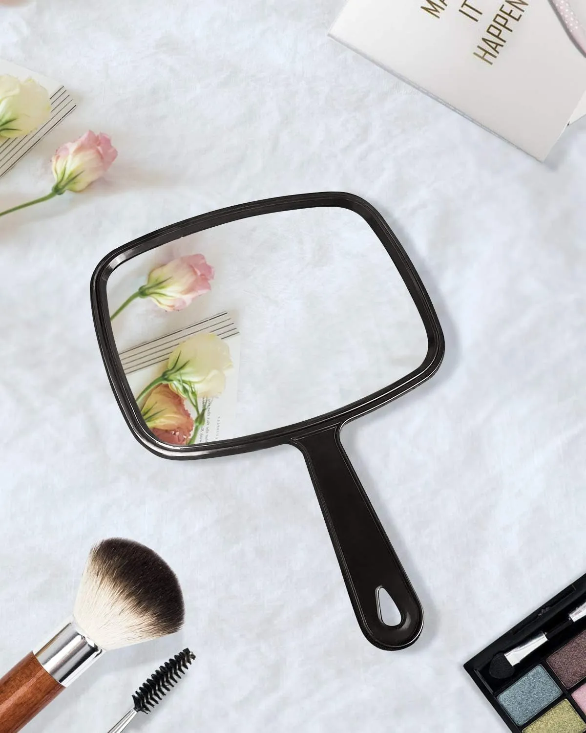 Hand Mirror Salon Barber Hairdressing Handheld Mirror with Handle(Square Black 7.4 X 10.3 Inches)