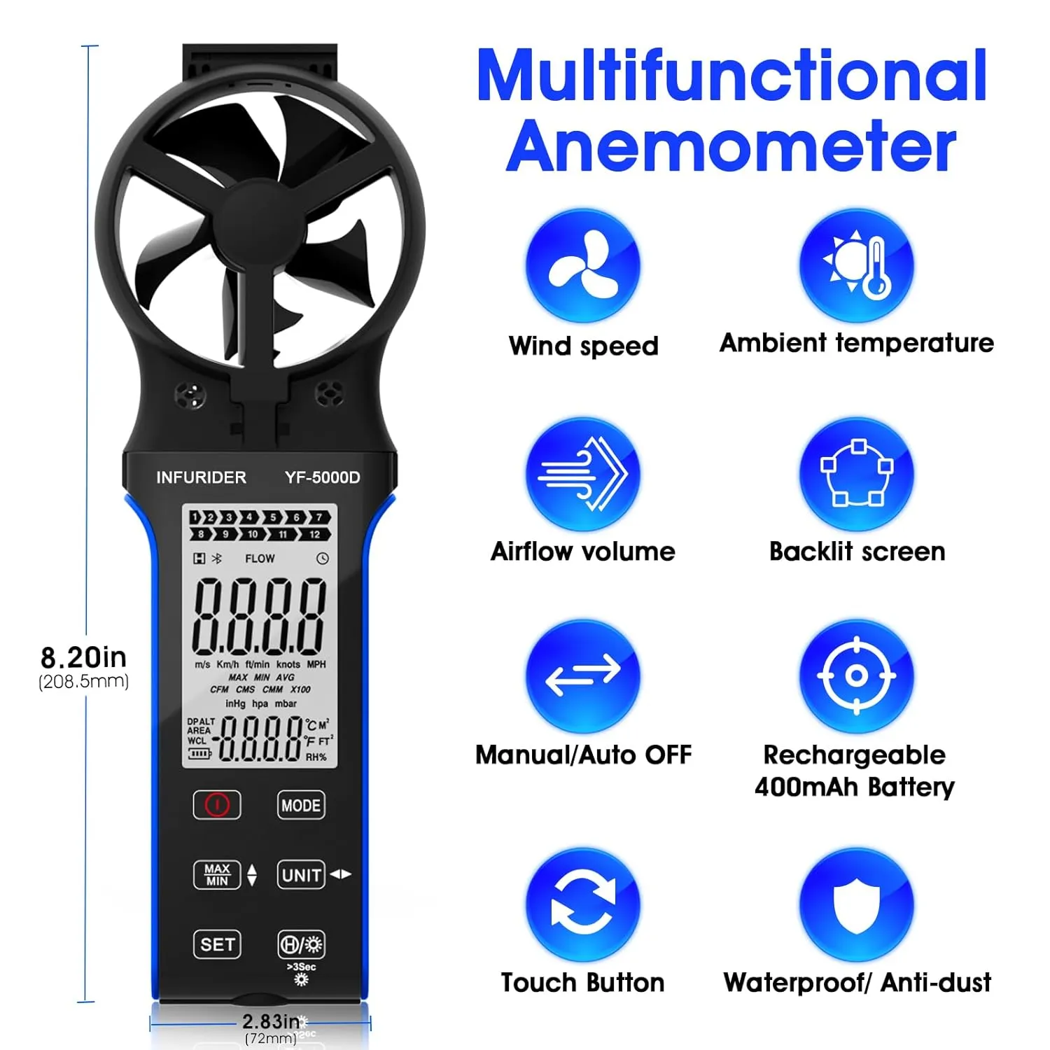 Handheld Anemometer, Anti-dust CFM Meter With Touch Button, Rechargeable Wind Speed Gauge for Air Flow, Chill, Temp Test, Waterproof LCD Backlight