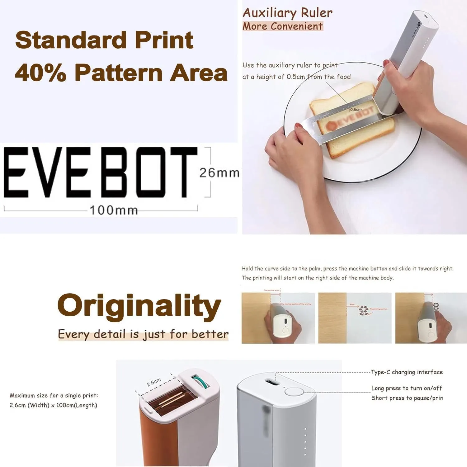 Handheld Small Inkjet Food Printer, Pen Food Printers, Coffee Art Machine Latte Art Print, for Bread Coffee Printing (3 Black Ink)