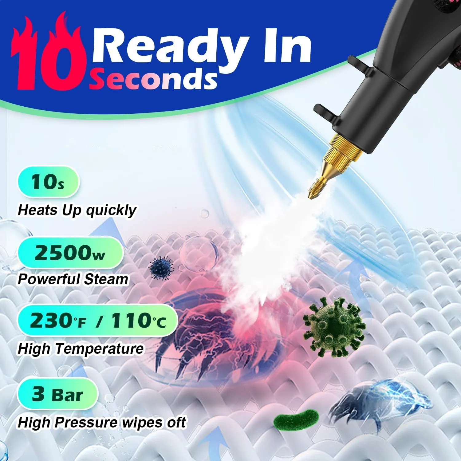 Handheld Steam Cleaner,2500W Pressurized Steam Cleaner with 3 Brush Heads Portable Steamer for Cleaning Multi Surface Steam Cleaner with 2L Tank for Floor Car Carpet Upholstery