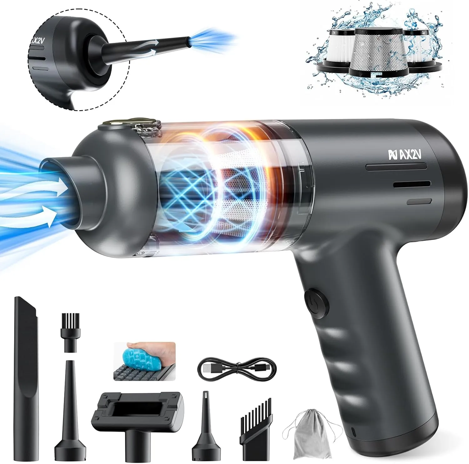 Handheld Vacuum Cordless Rechargeable - 2 in 1 Portable High Power Vacuum 16000PA Suction for Car with Cleaning Gel for Home, Pet, Car, Office