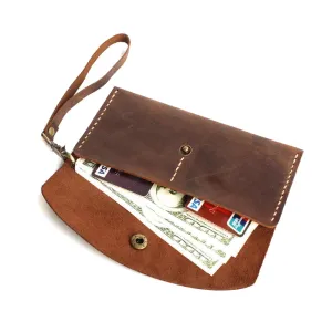 Handmade Leather Wristlet Wallet with Card Slots Retro Multi-function Envelope Mobile Phone Card Holder Clutch Wallet with Hand Wrist Lanyard