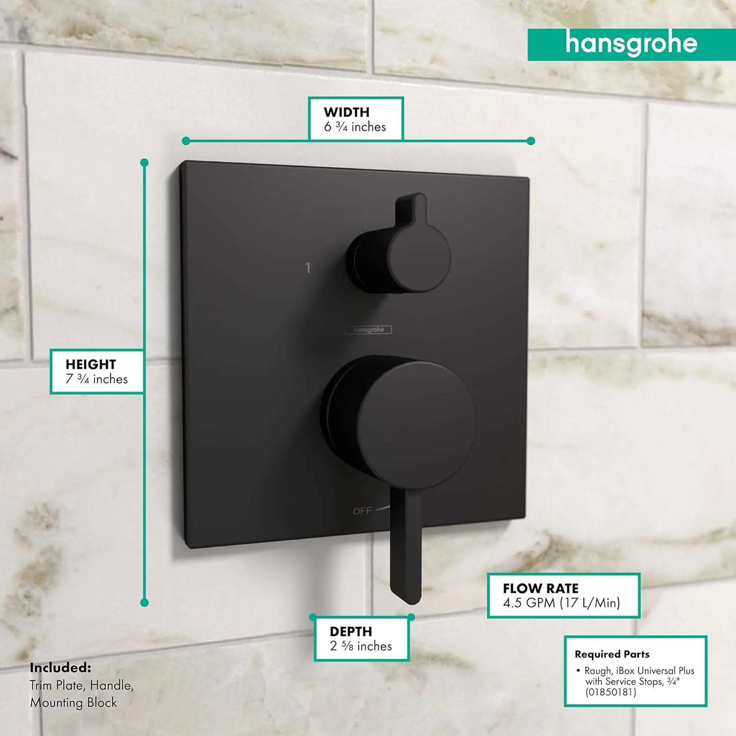 hansgrohe Ecostat Modern 2-Handle Pressure Balance Shower Valve Trim with Diverter in Matte Black, 15862671