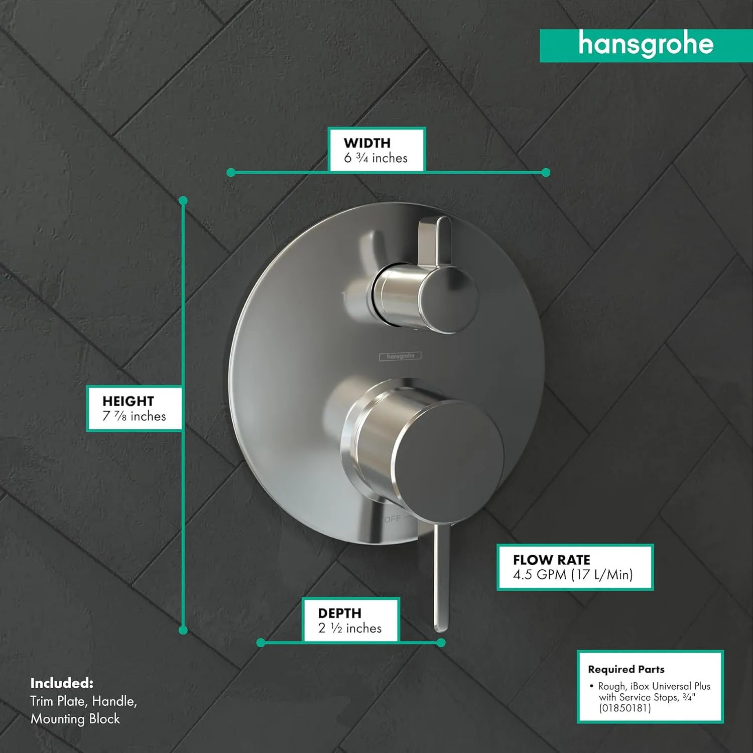 hansgrohe Ecostat Modern Premium Easy Control 2-Handle Pressure Balance Shower Valve Trim with Diverter in Chrome, 04447000