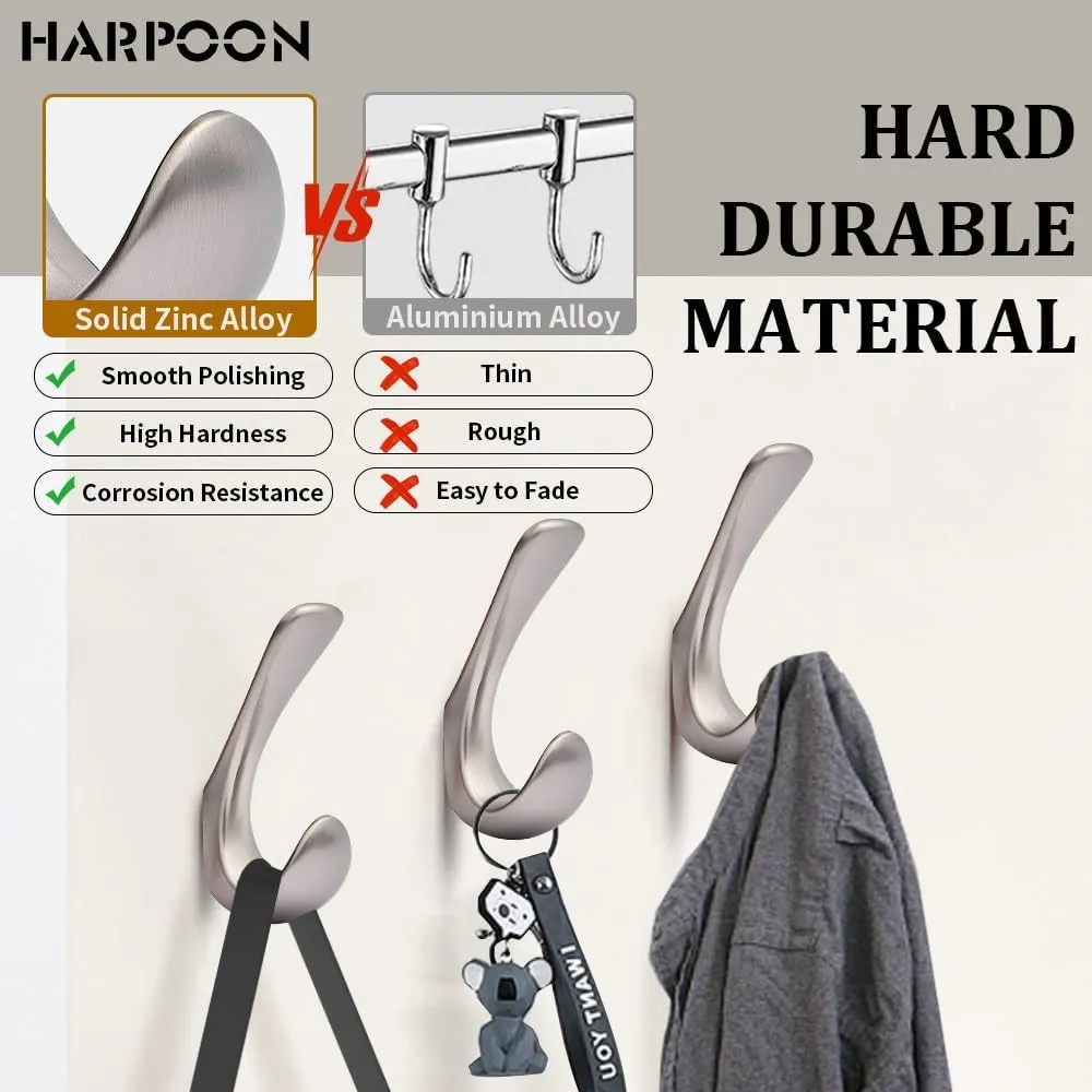 HARPOON 5 Pack Heavy Duty Hook, 3.5 Inch Wall Mounted Rustproof Coat Hook,Utility Hooks for Coat, Scarf, Bag, Towel, Key, Cap, Cup, Hat Satin Nickel