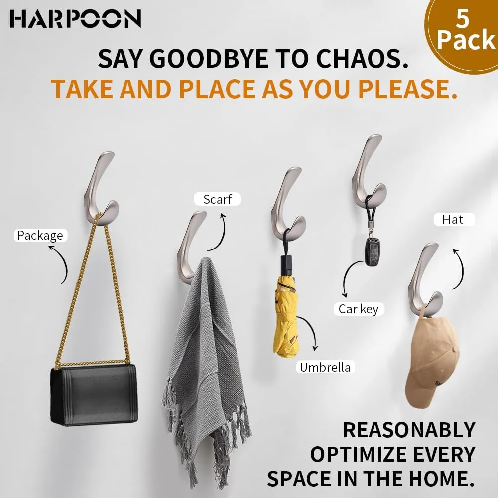 HARPOON 5 Pack Heavy Duty Hook, 3.5 Inch Wall Mounted Rustproof Coat Hook,Utility Hooks for Coat, Scarf, Bag, Towel, Key, Cap, Cup, Hat Satin Nickel