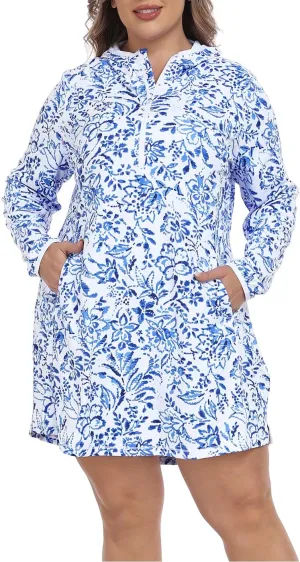 HDE Women's Plus Size Swim Coverup Dress with Hood UPF 50 Long Sleeve Cover Up