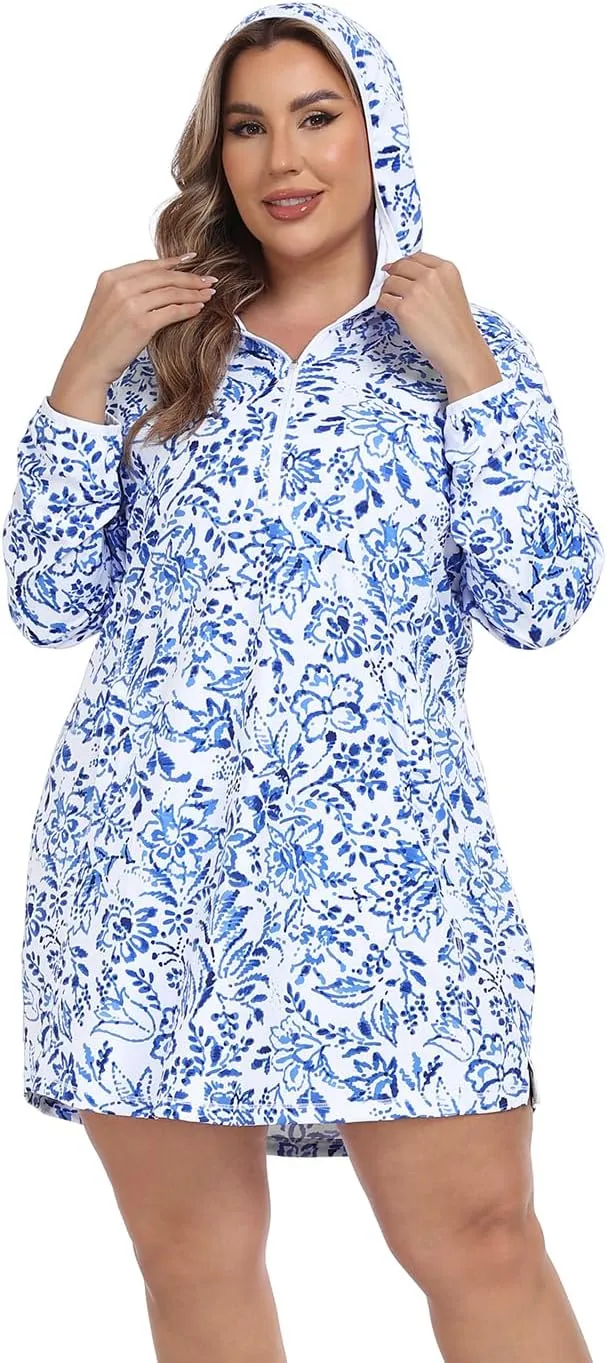 HDE Women's Plus Size Swim Coverup Dress with Hood UPF 50 Long Sleeve Cover Up