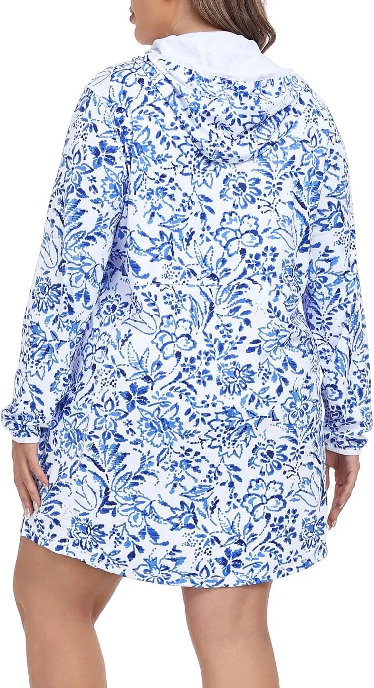 HDE Women's Plus Size Swim Coverup Dress with Hood UPF 50 Long Sleeve Cover Up