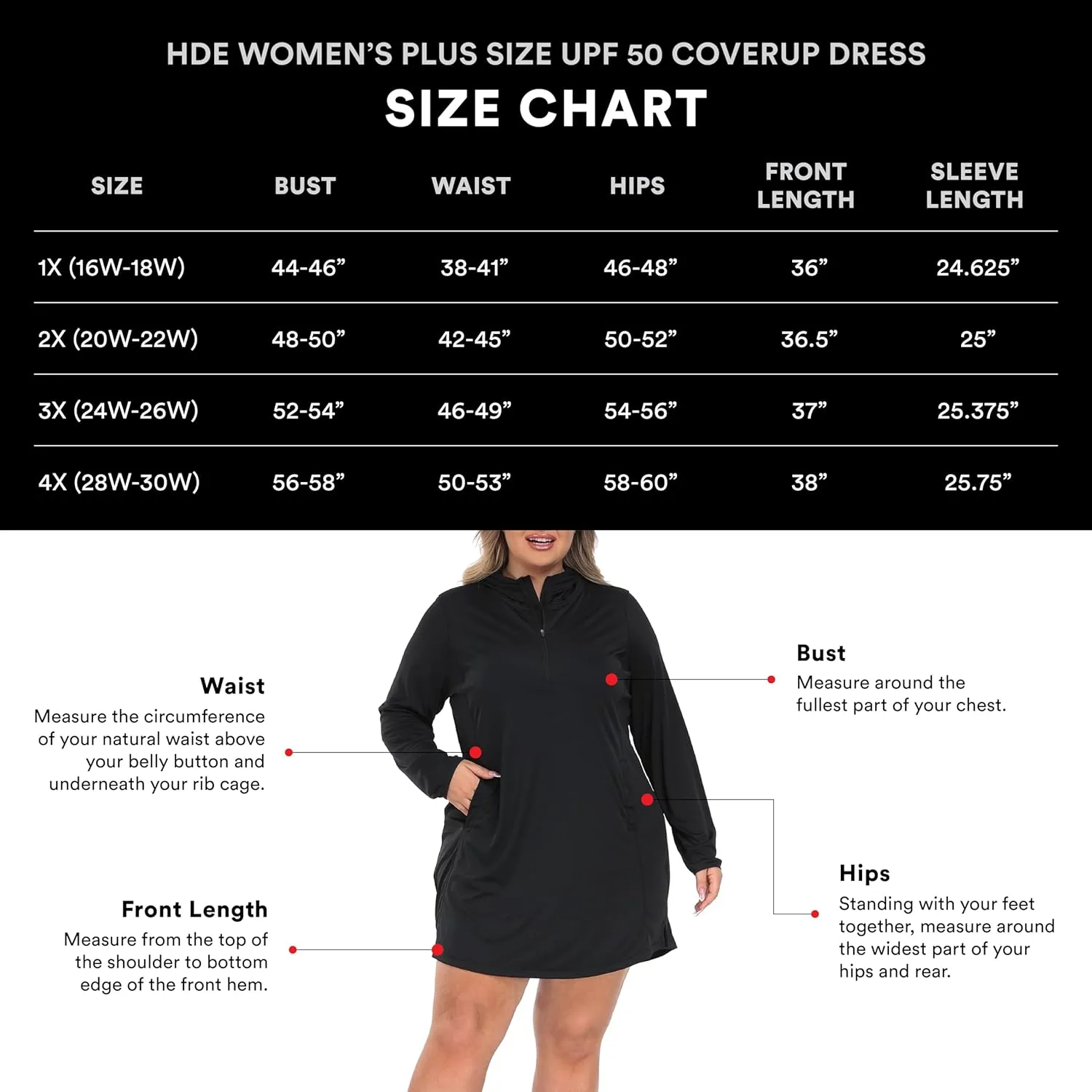 HDE Women's Plus Size Swim Coverup Dress with Hood UPF 50 Long Sleeve Cover Up