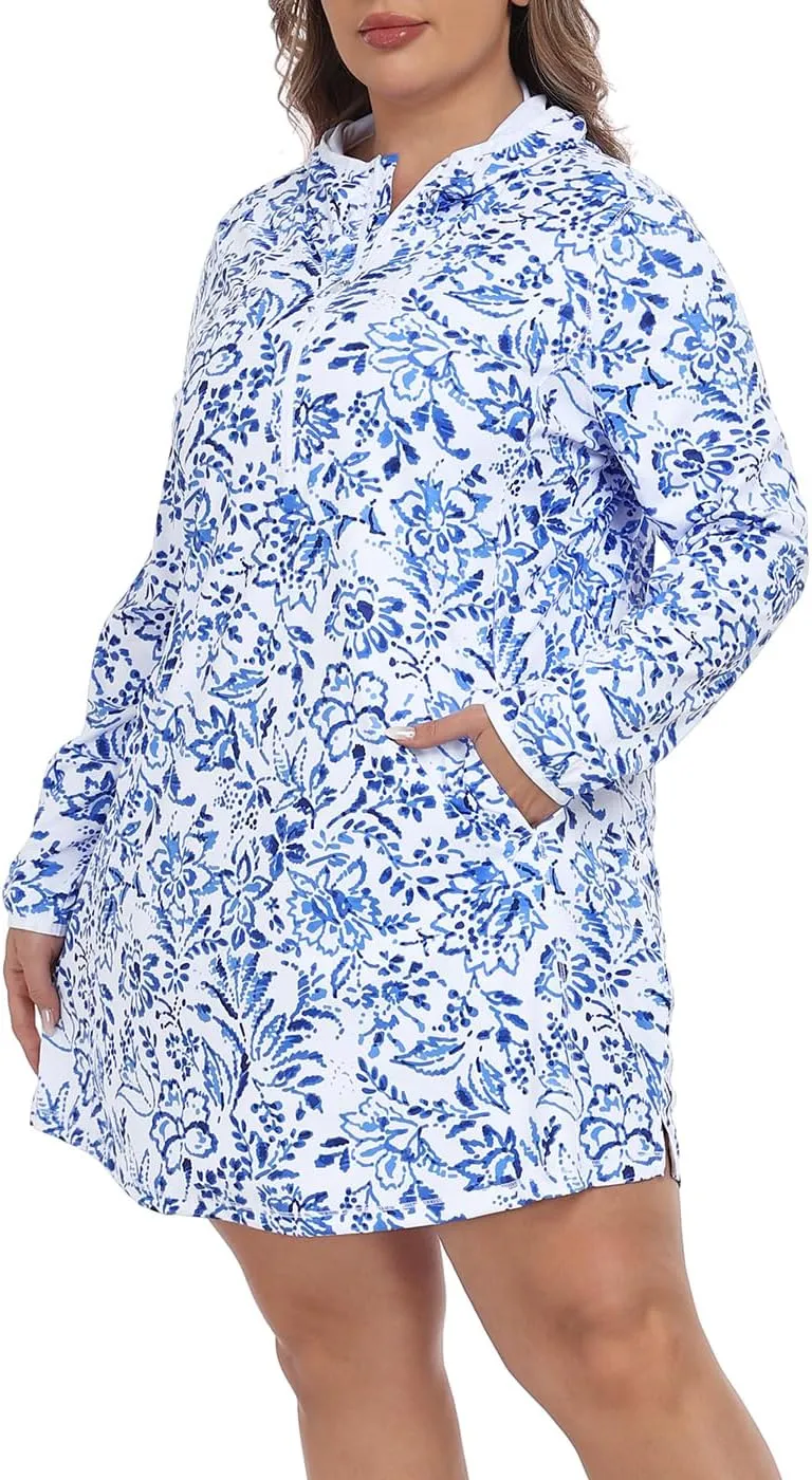 HDE Women's Plus Size Swim Coverup Dress with Hood UPF 50 Long Sleeve Cover Up