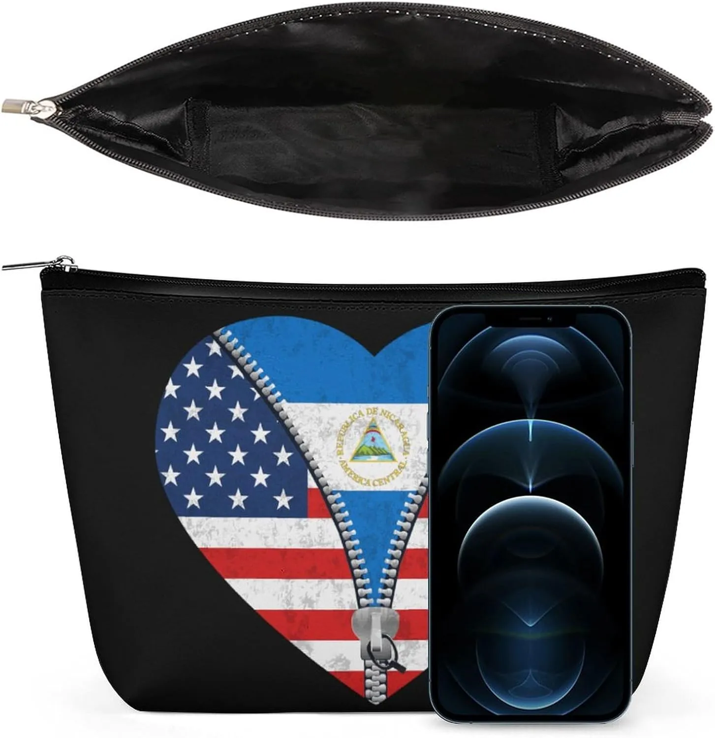 Heart America Flag And Nicaragua Flag Cosmetic Bag Travel Portable Makeup Bag Large Capacity Toiletry Bag Women Storage Bags-3