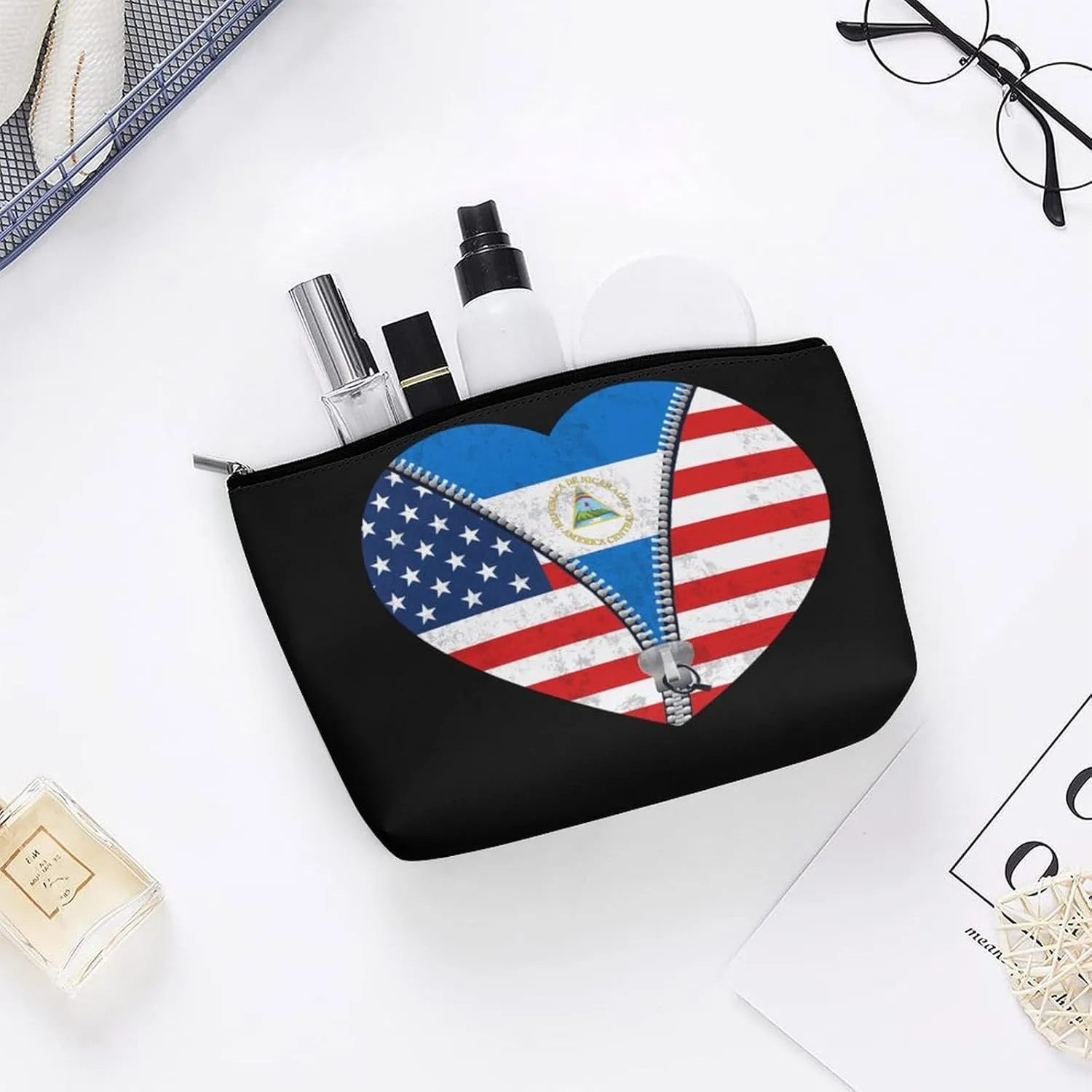 Heart America Flag And Nicaragua Flag Cosmetic Bag Travel Portable Makeup Bag Large Capacity Toiletry Bag Women Storage Bags-3