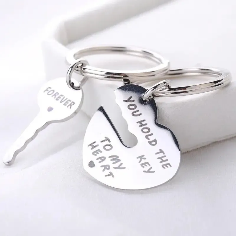Heart-Shaped Keychain with Trendy Letter Designs - Stainless Steel - Individual Packing