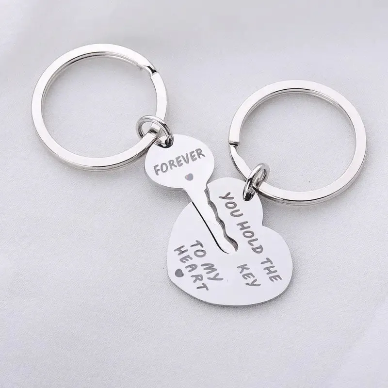 Heart-Shaped Keychain with Trendy Letter Designs - Stainless Steel - Individual Packing