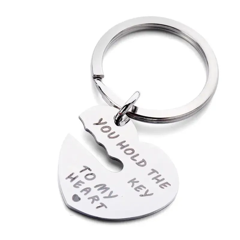 Heart-Shaped Keychain with Trendy Letter Designs - Stainless Steel - Individual Packing