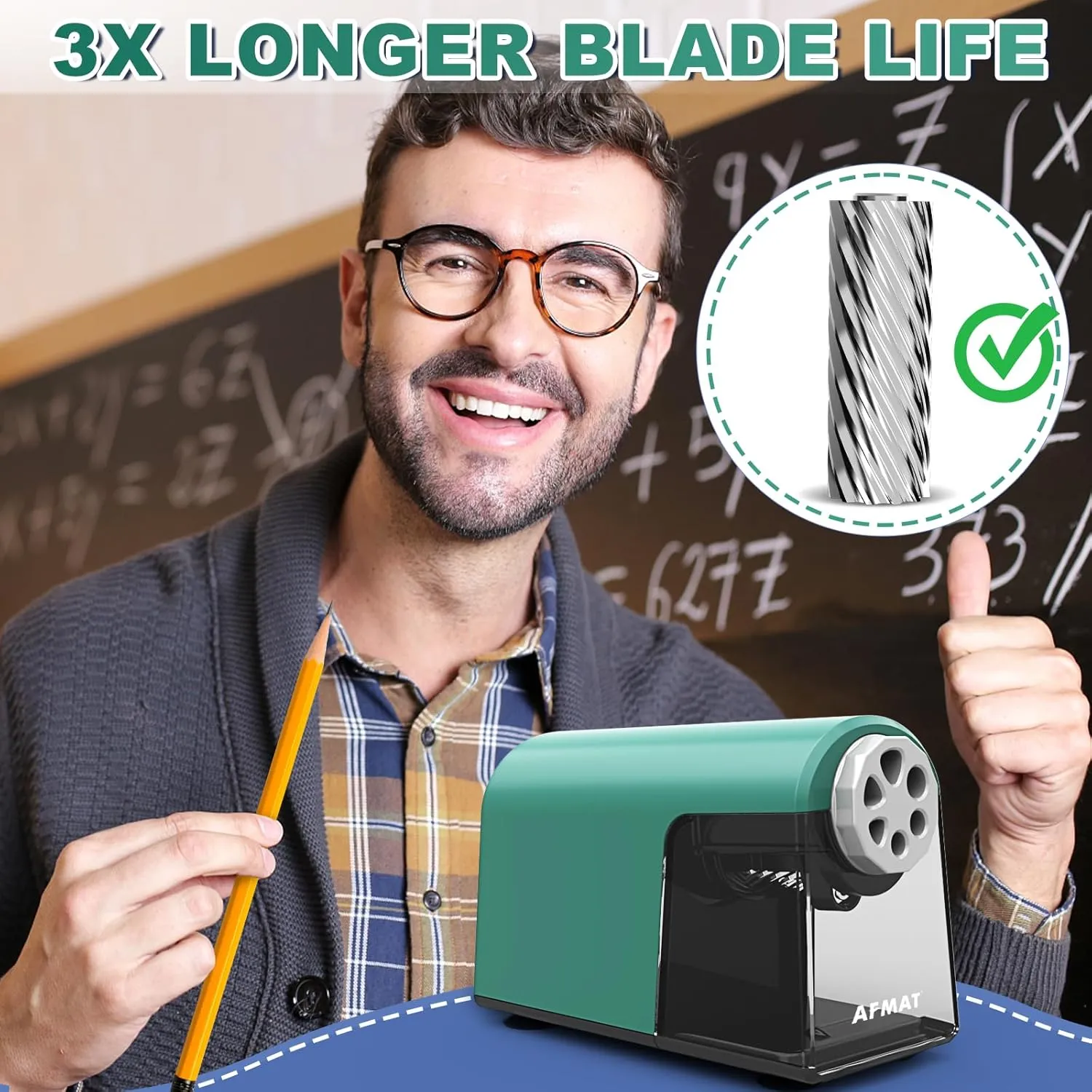 Heavy Duty Electric Pencil Sharpener, 6 Holes, AFMAT Classroom Pencil Sharpener for 6-11mm Pencils, Auto Stop, Super Fast, Save Pencils, School Teacher Must Have Pencil Sharpeners Plug in, Green